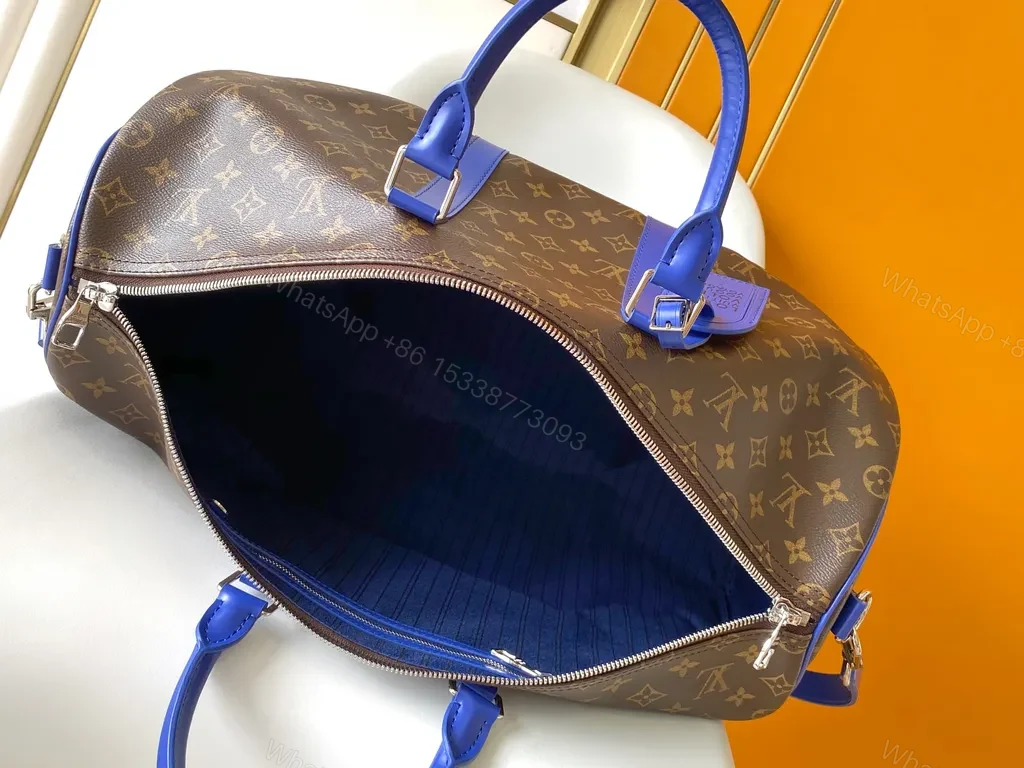 View 6 of Bold Monogram Weekend Bag: Electric Blue Straps, Luxe Travel