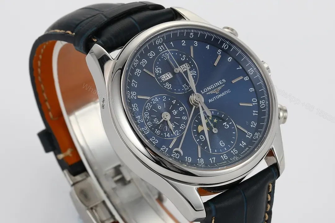 View 3 of Longines Master Collection Moonphase Blue Dial Automatic Watch with Leather Strap