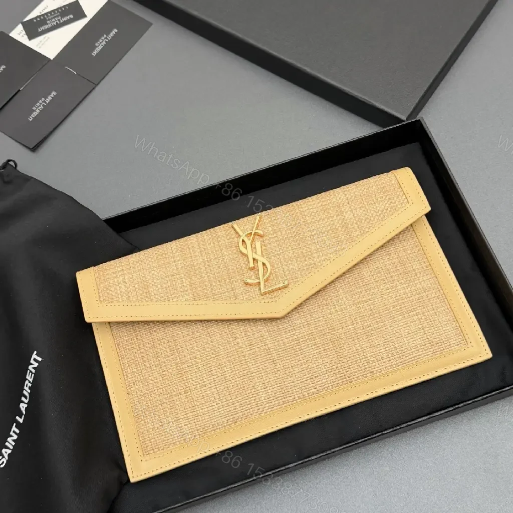 View 5 of Envelope-Woven Wallet on Chain: Luxe Textured Straw & Leather Trim
