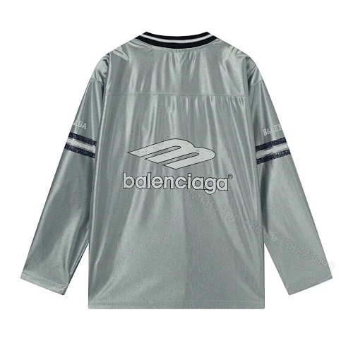 View 9 of Balenciaga Clothes 3B Silhouette Ribbed V-Neck Printed Long-Sleeve T-Shirt Black/Blue/Gray