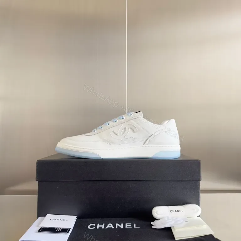 View 5 of Premium White Chanel-Style Leather Sneakers with Light Blue Laces
