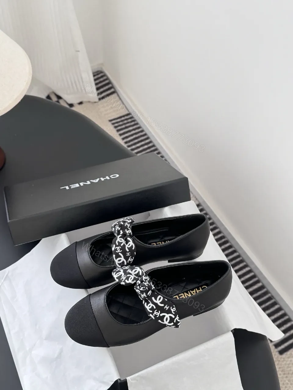 View 4 of Black Quilted Ballet Flats with Logo Bow - Chic, Comfortable Flats