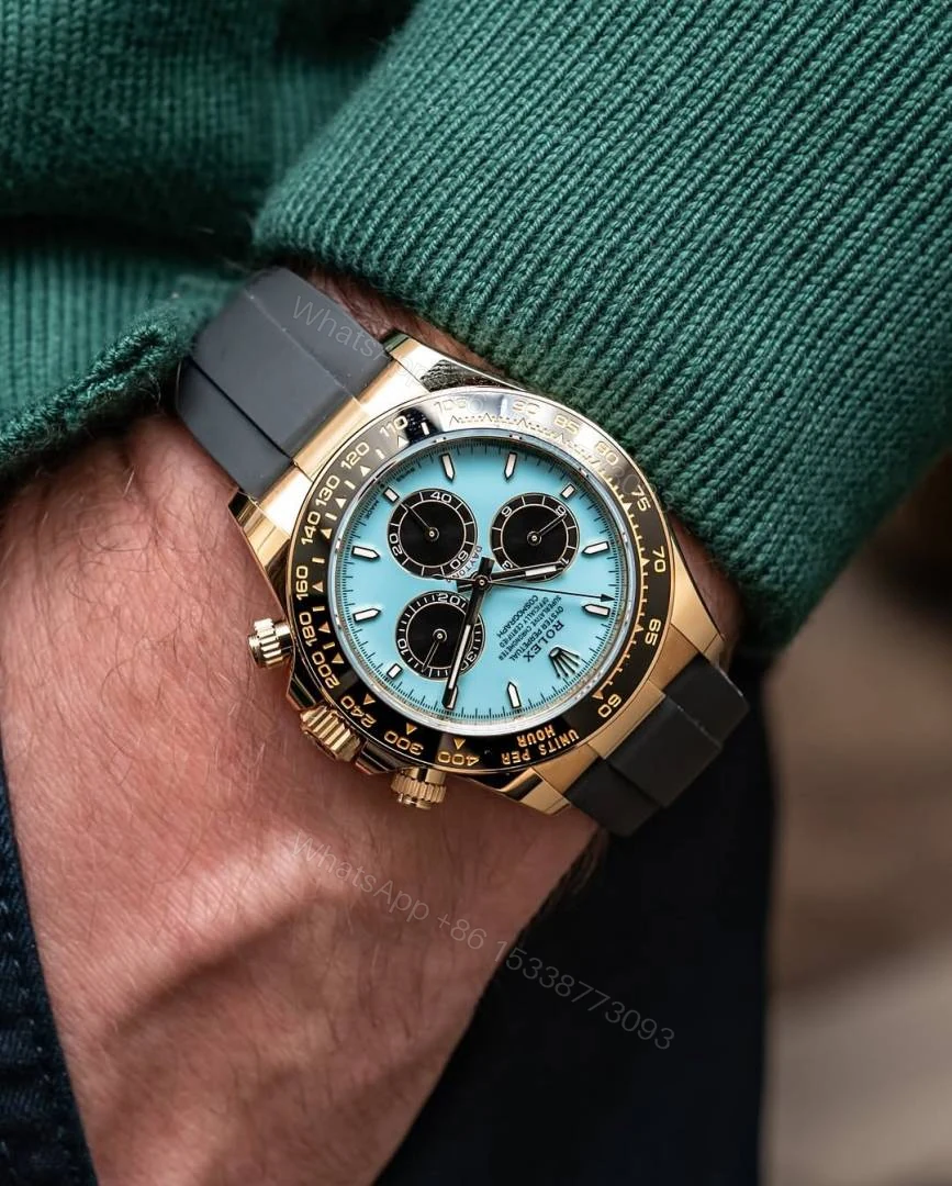 View 4 of First Copy Luxury Chronograph Blue Dial Rubber Strap Watch With Rose Gold Case And Premium Finish