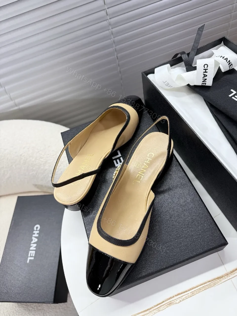 View 5 of Beige Leather Slingback Pumps with Glossy Cap Toe
