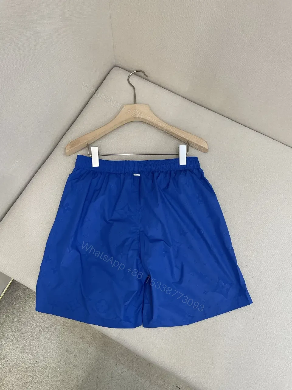 View 4 of Blue Silk-Like Drawstring Shorts, Louis Vuitton Monogram Style, Swim/Active Type