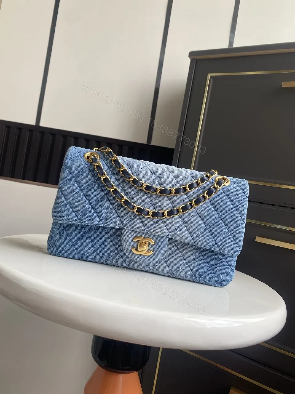 Denim Quilted Bag — Gold Chain Flap, Everyday Luxury — view 1