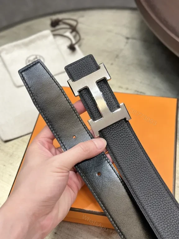 View 5 of Black Leather Hermes-Style H Buckle Belt - Modern Luxury Everyday Versatility