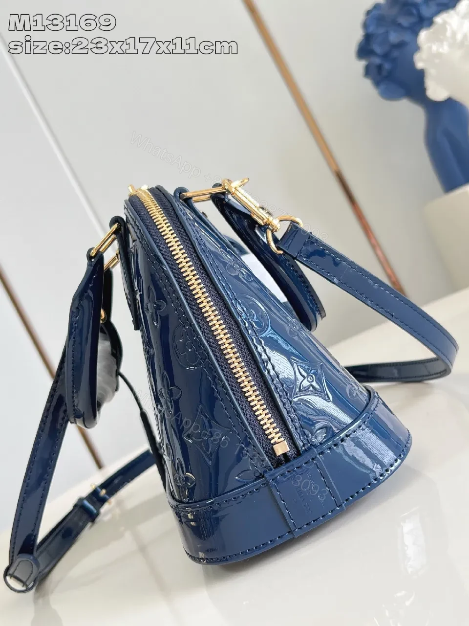 View 3 of Glossy Blue Satchel: Monogram-Texture Patent Tote