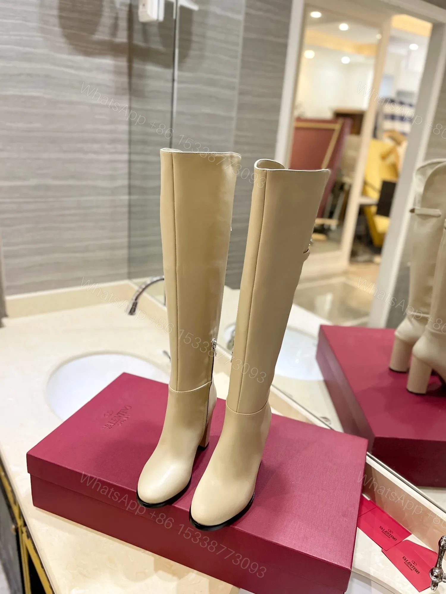 View 4 of Valentino Women Beige Leather Knee High Boots