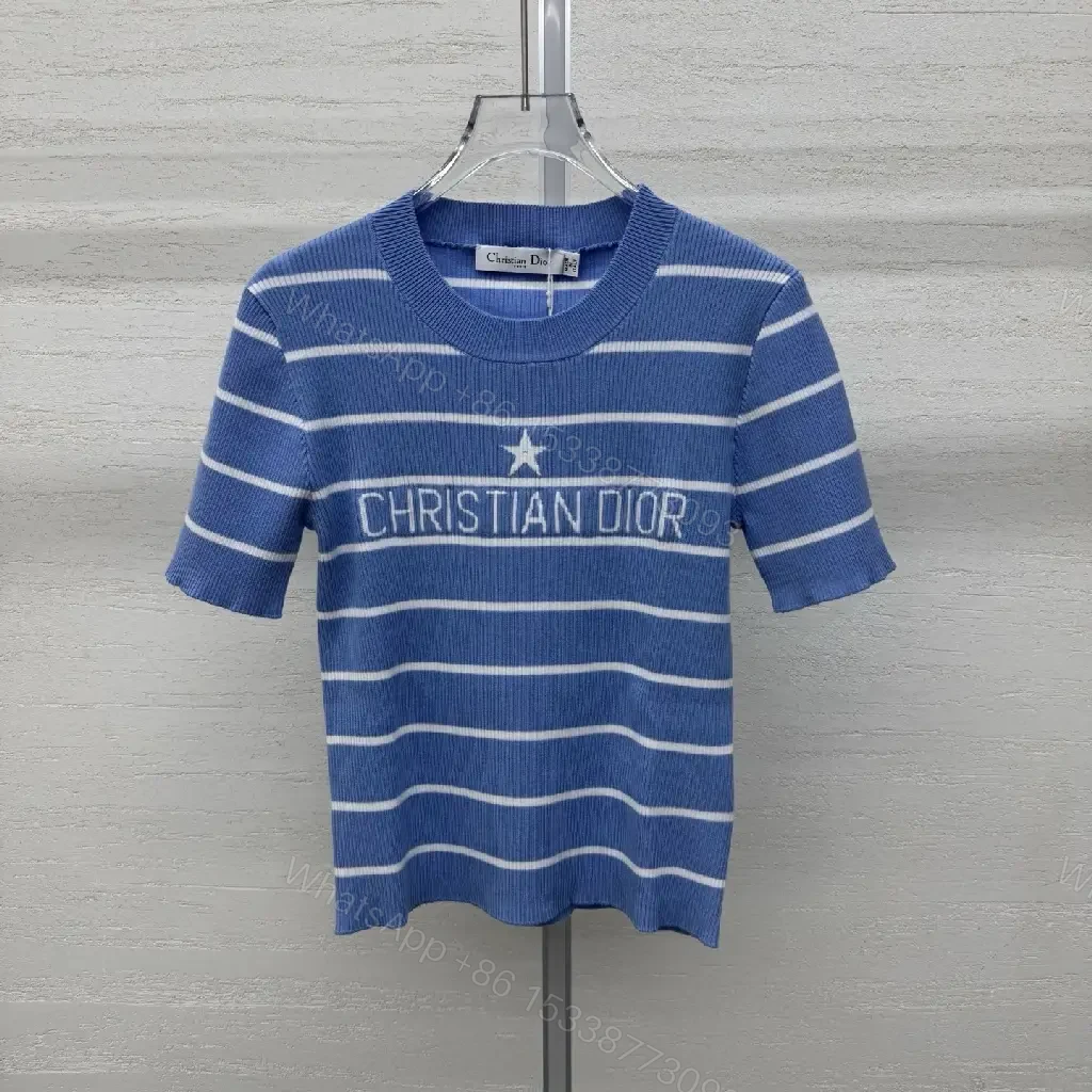 View 2 of Blue Stripes Knit Tee - Elevated Casual Luxury Knit Top