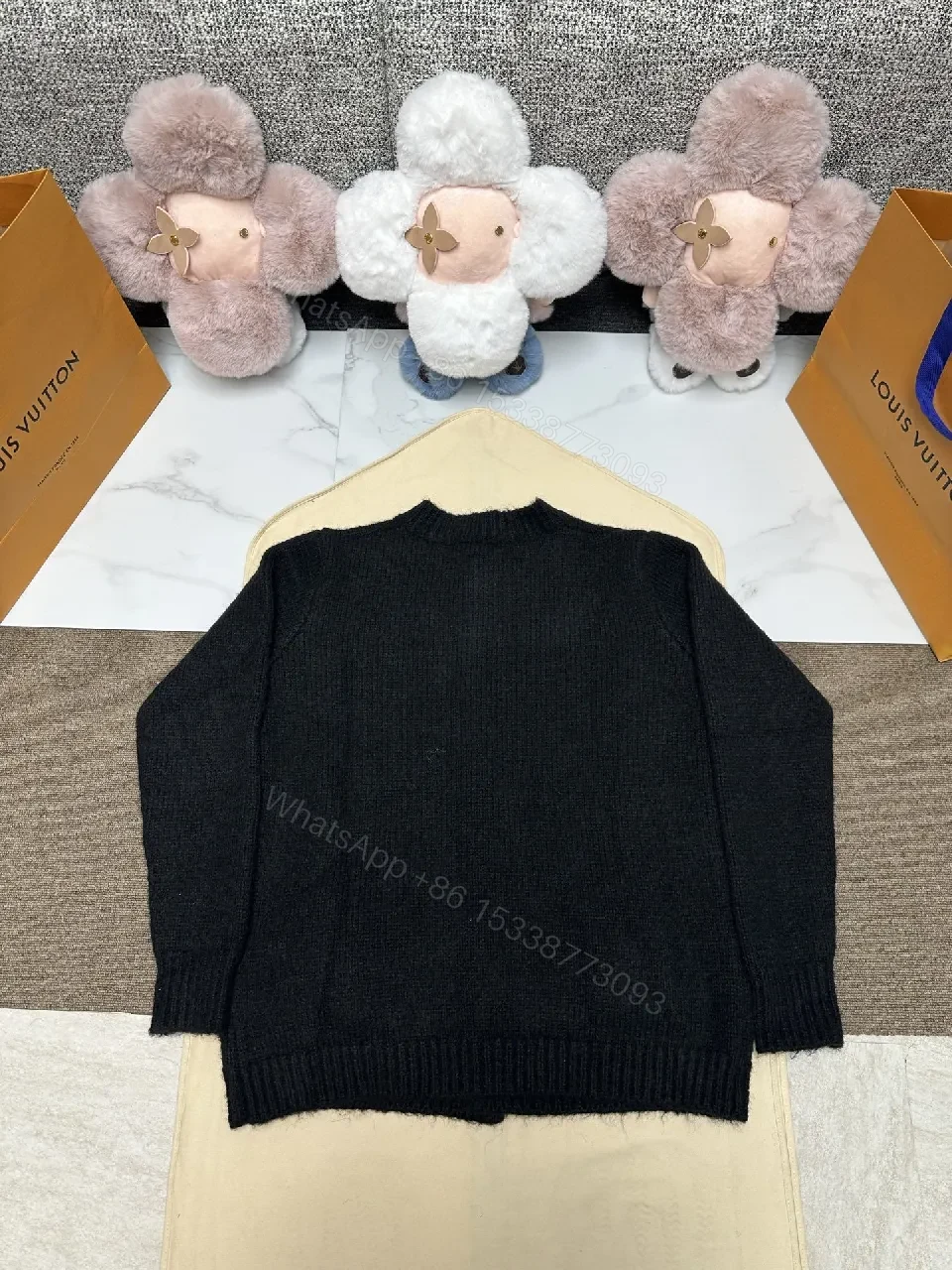 View 2 of Statement Cardigan with Monogram Knit, Black, Unisex, Button Front, Cardigan