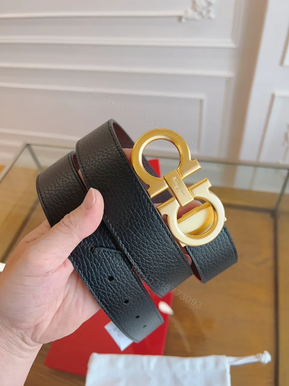 View 5 of Chic Black Leather Belt with Gold Interlocking Buckle