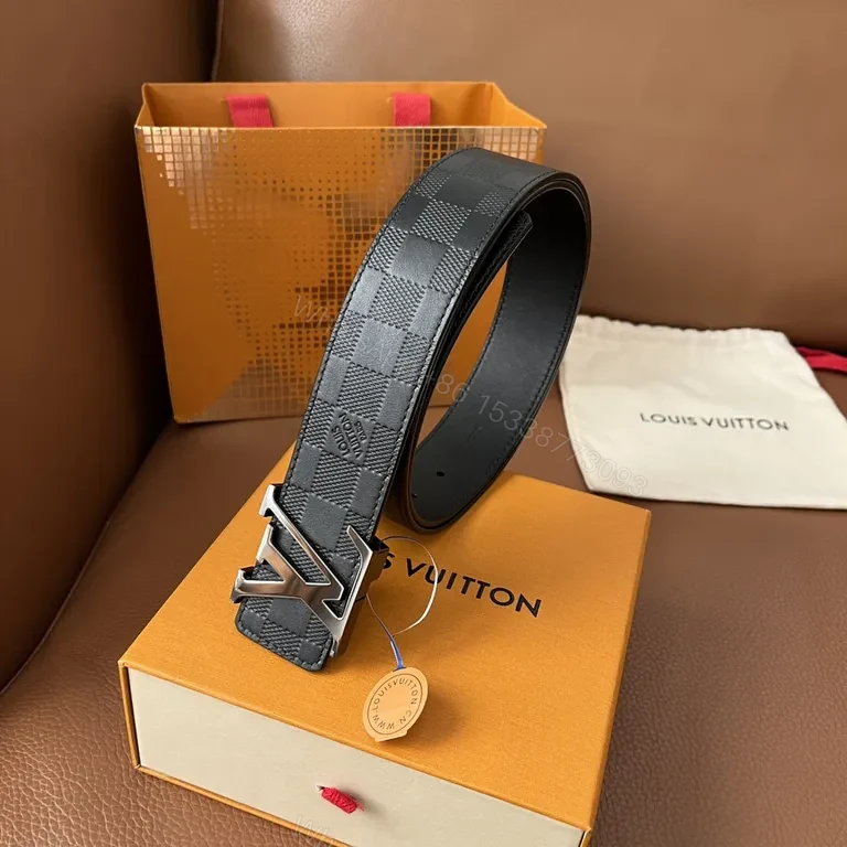 View 6 of Bold Checker LV Belt: Luxe Textured Leather, Signature Buckle