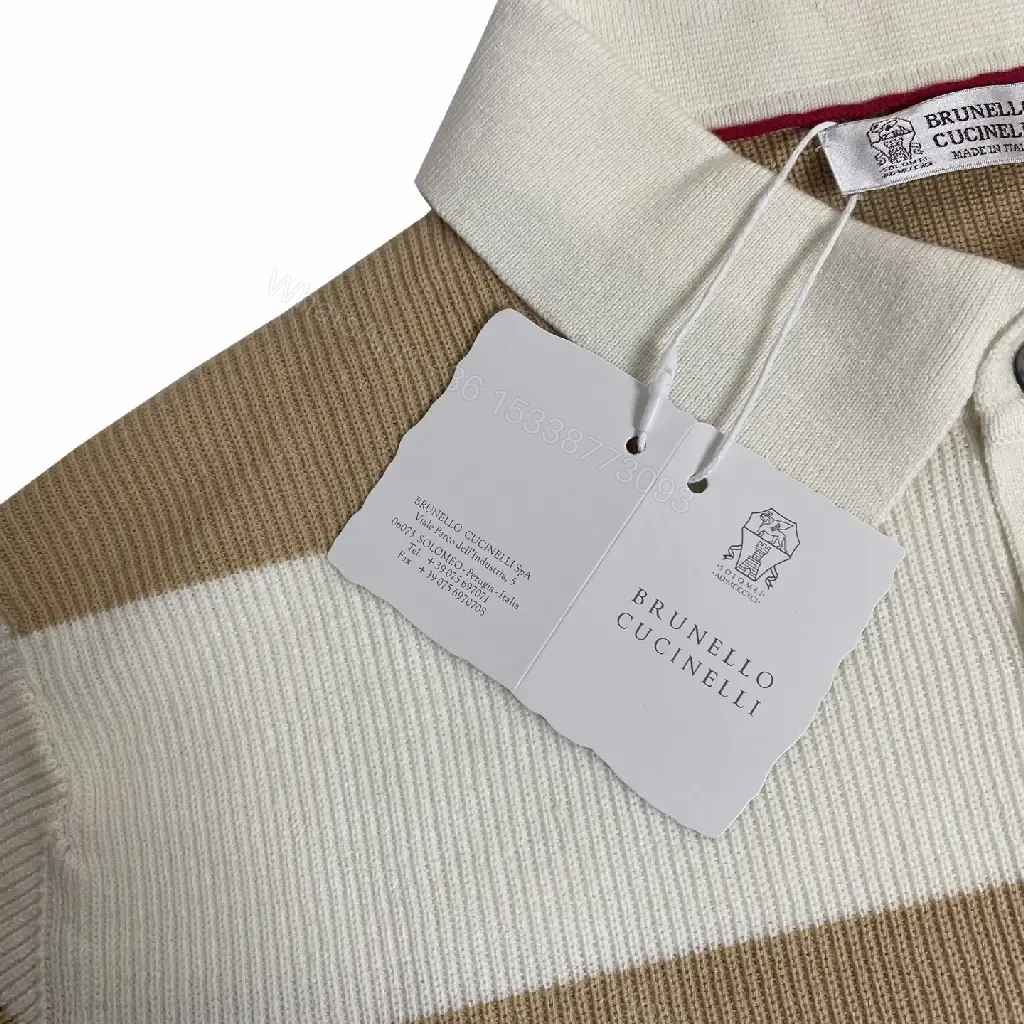 View 2 of Camel & Cream Ribbed Stripe Polo Shirt with Button Placket