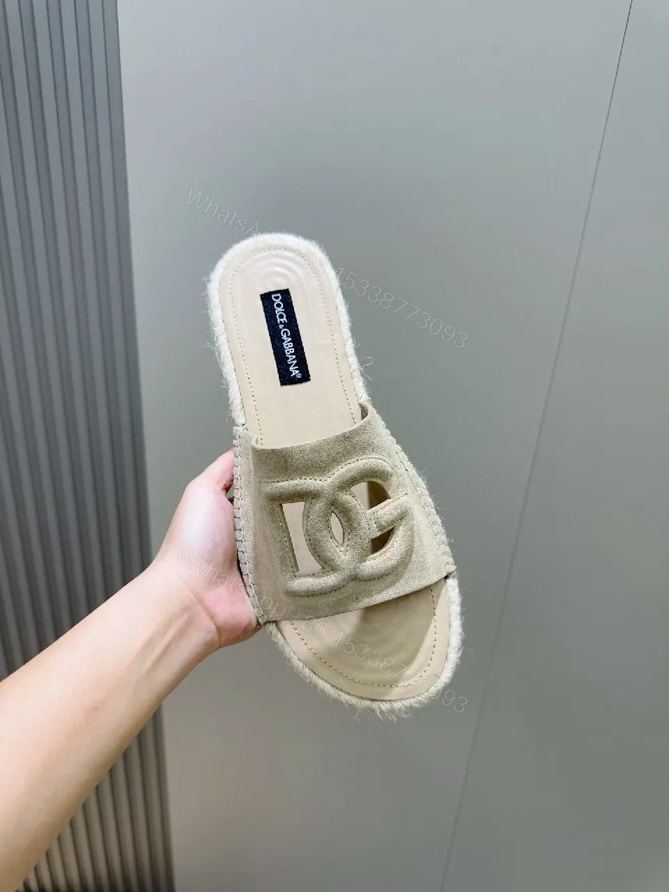 View 5 of Beige Suede-Texture Sandals + Logo Cut-Outs + Luxury Casual + Cushioned Footbed + Sandals
