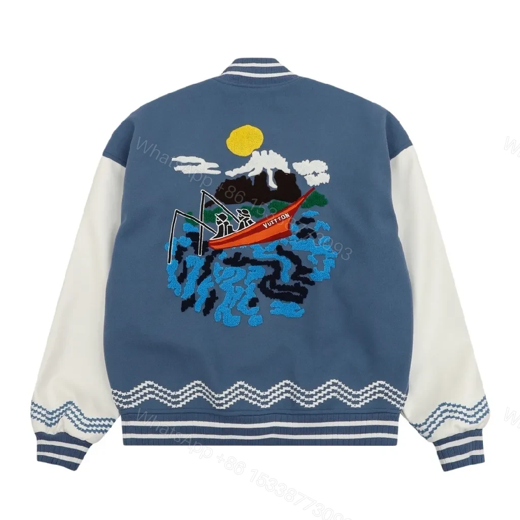 View 3 of Blue & Ivory Varsity Jacket – Textured Color Blocking, Brushed KnitComfort