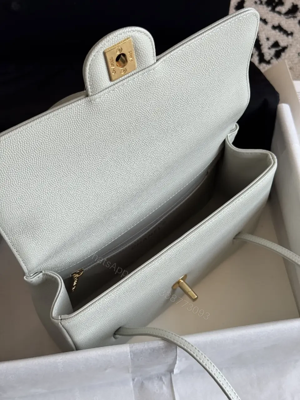 View 9 of Light Gray Pebbled Leather Structured Handbag with Gold Turn-Lock Clasp