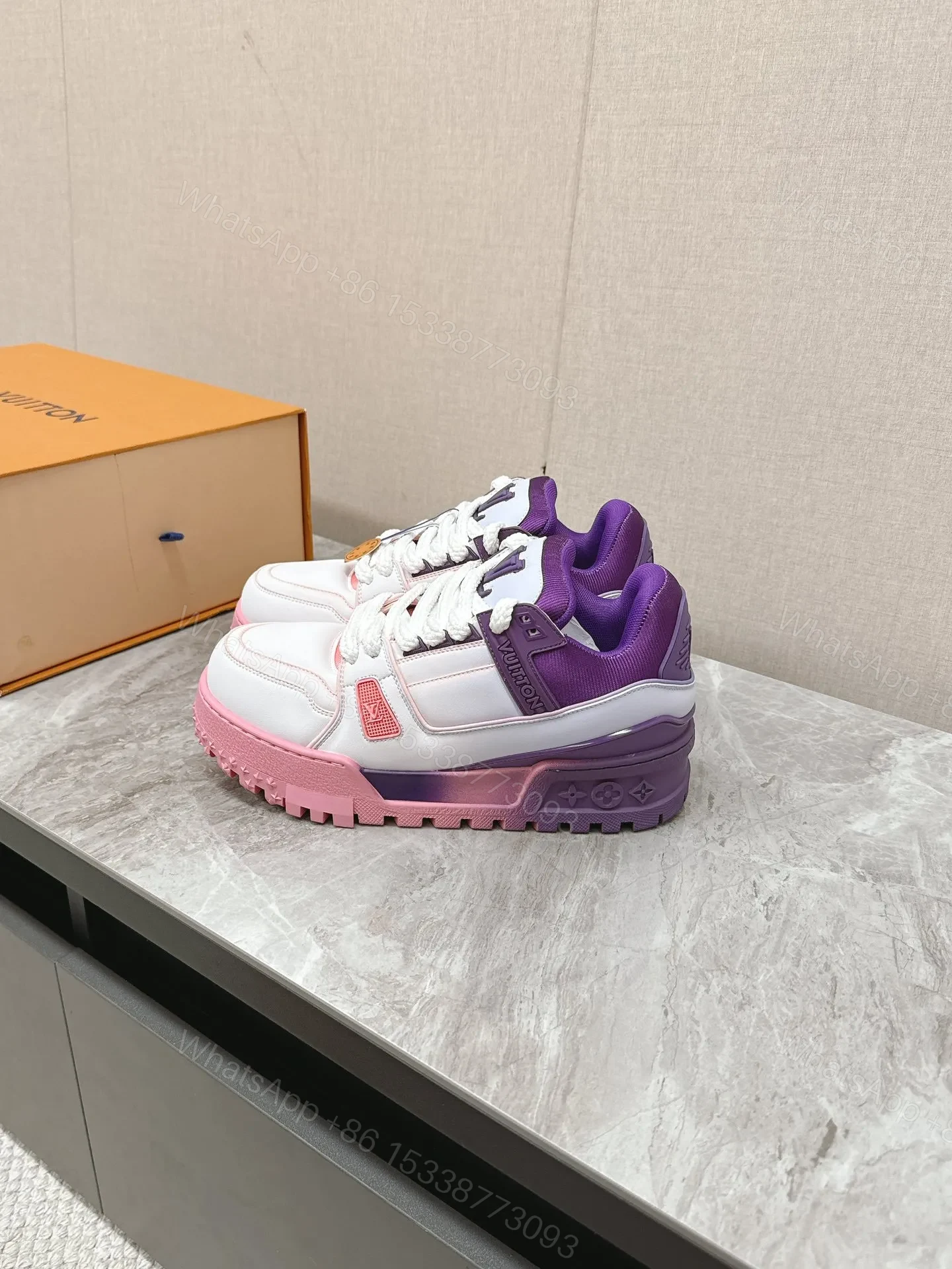 View 3 of LV Women White Pink Purple Leather Sneakers