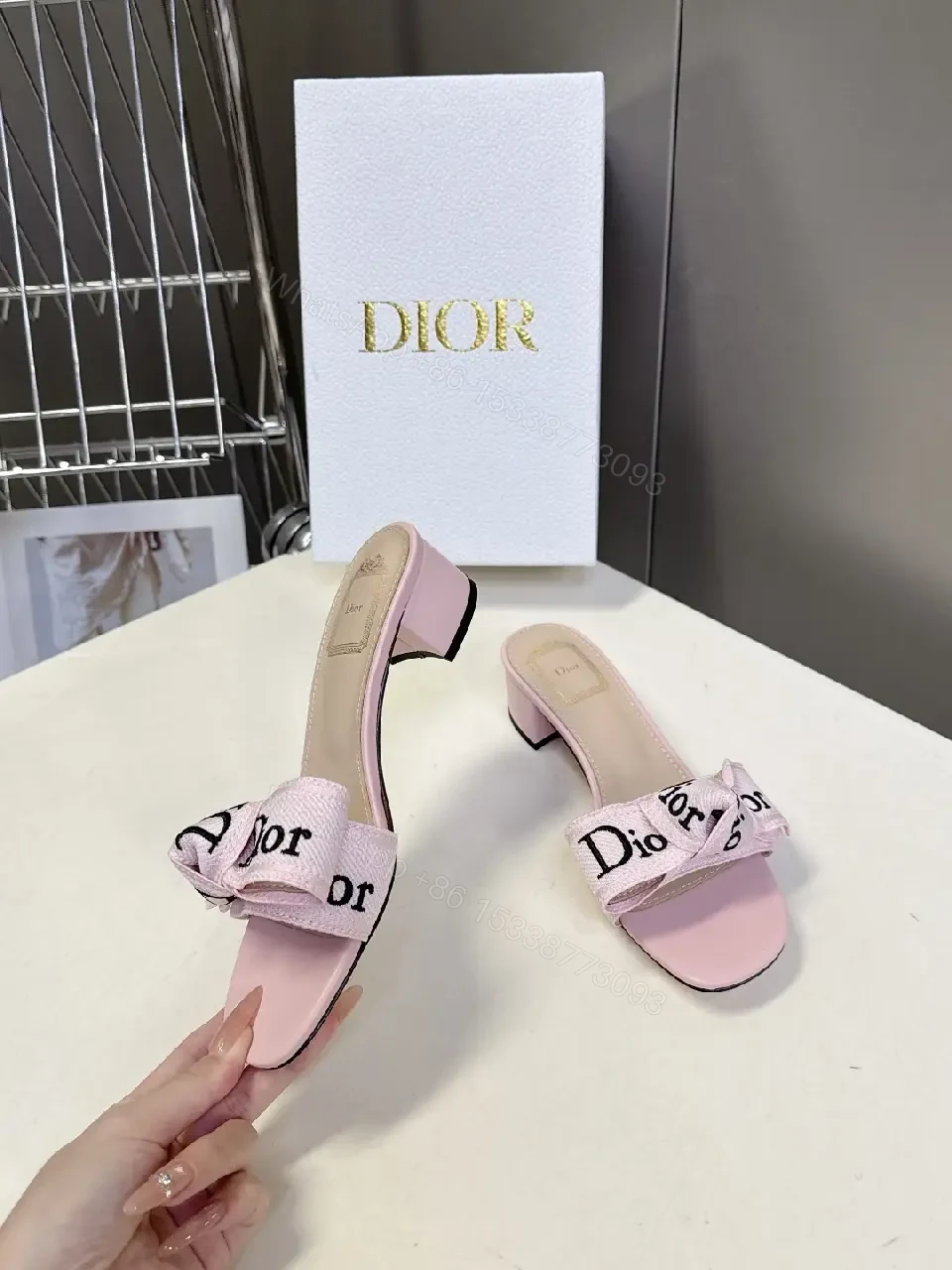 View 8 of Pink Leather Slide Sandals Dior Ribbon Bow Modern Glam Comfort Block Heel Sandal