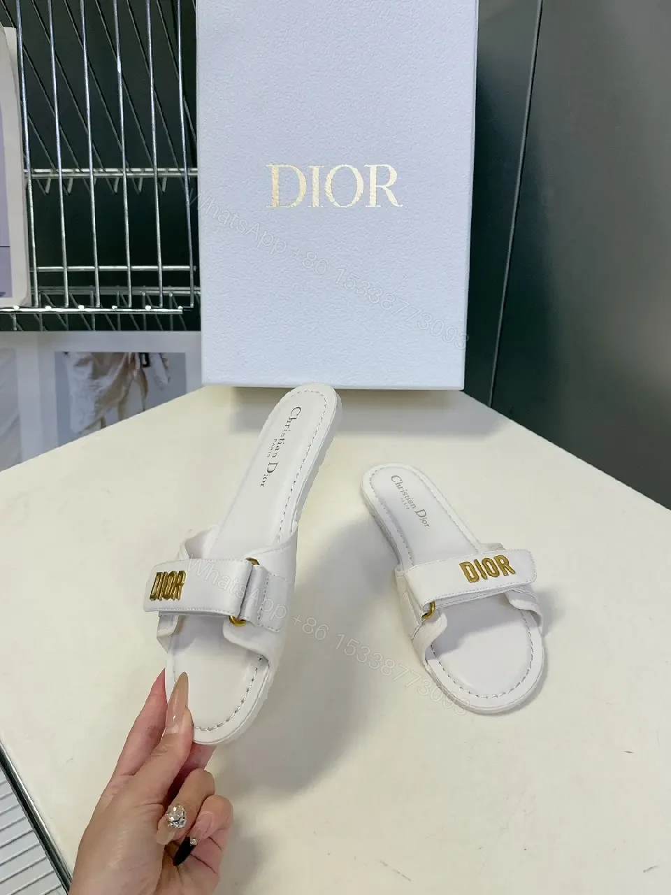 View 2 of White Leather Sandals: Luxe Minimalist Dior-Logo Strap Sandals