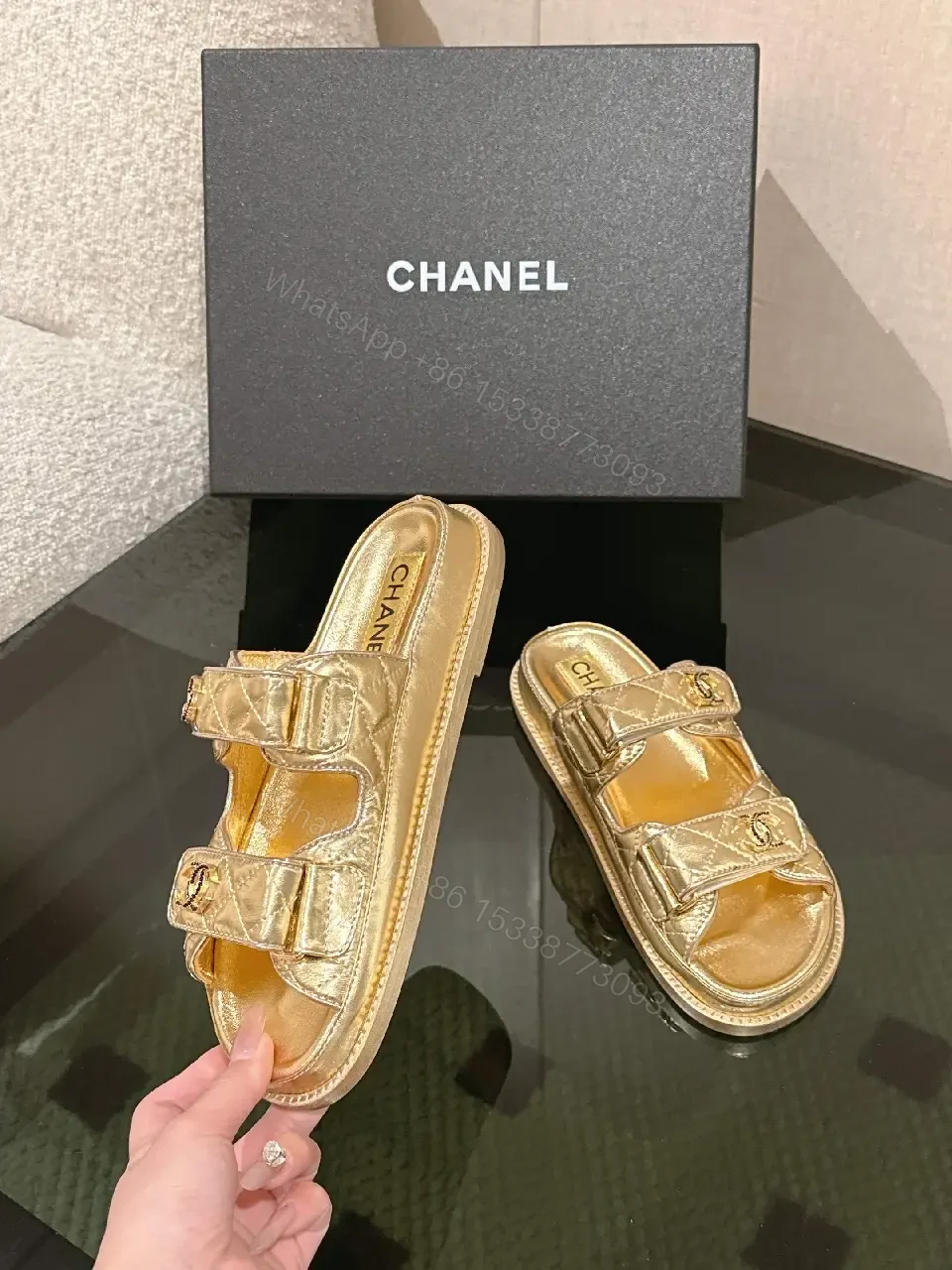 View 5 of Gold-Tone Leather Slides with Double Straps, Luxury Everyday Comfort
