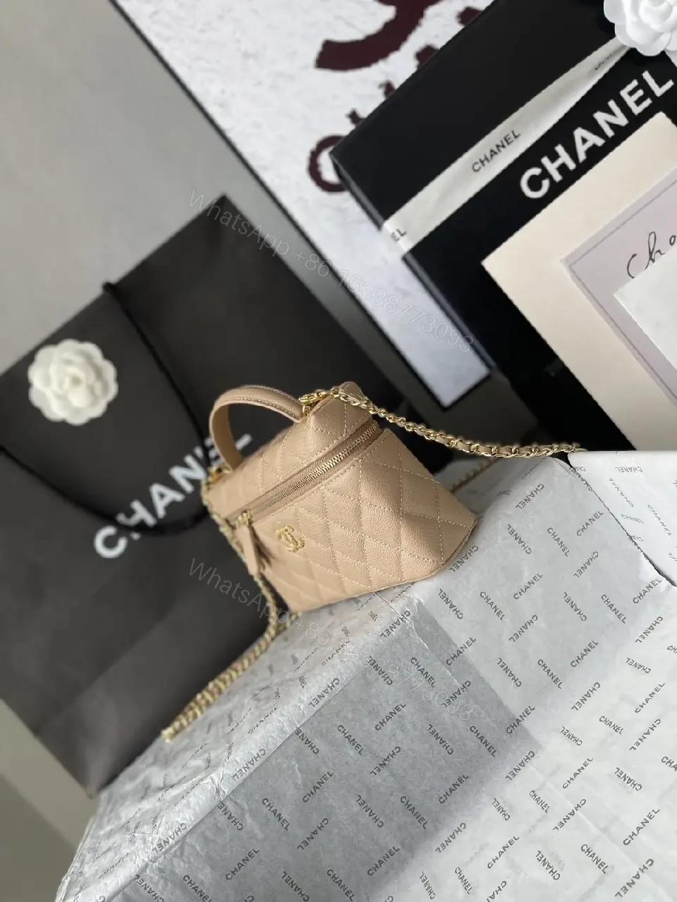 View 6 of Taupe Quilted Crossbody: Lambskin, Gold Chain, Classic Glamour