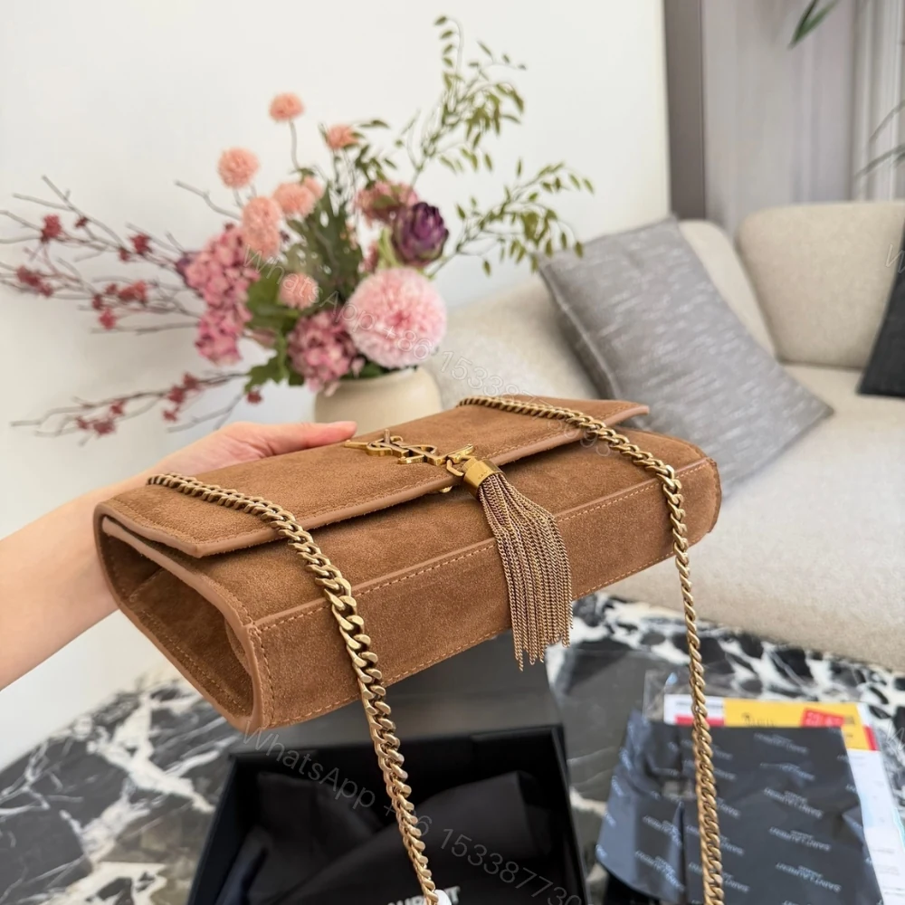 View 4 of Saint Laurent Kate Medium Tassel Crossbody Bag In Brown Suede With Gold Tone 22Cm