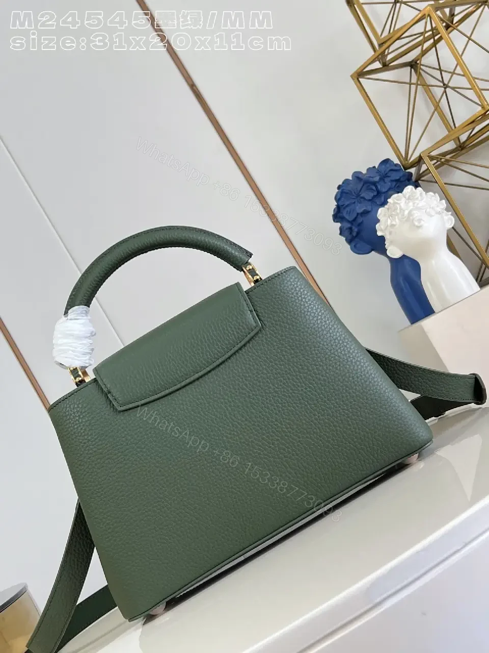 View 3 of Green Pebbled Satchel with Gold Hardware, Structured, Everyday Luxury Bag