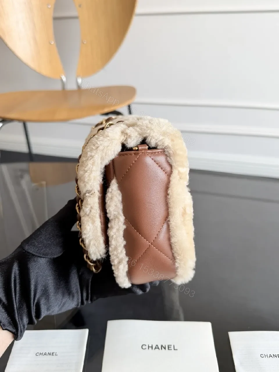 View 9 of Ivory Shearling Quilted Bag: Luxe Chain-Detail