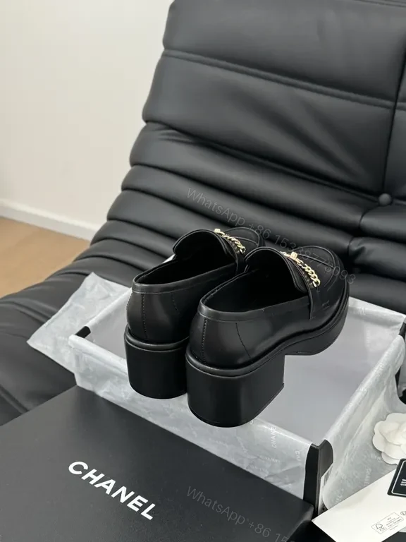 View 6 of Chanel-Inspired Leather Loafers with Gold Chain Detail
