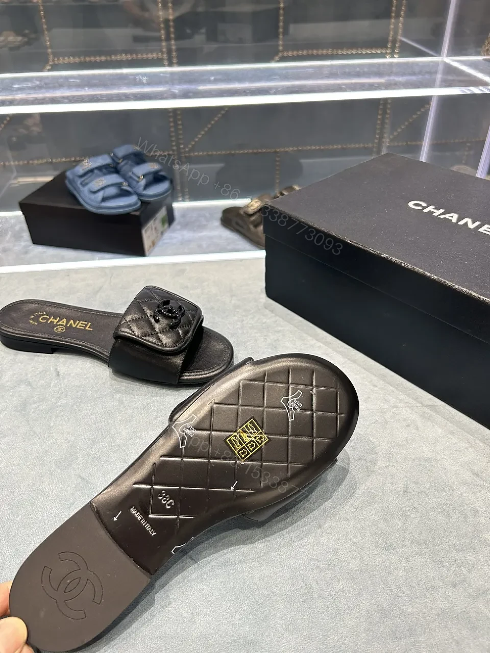 View 6 of Black Leather Quilted Sliders | Luxe Comfort Footbed | Slide Shoes