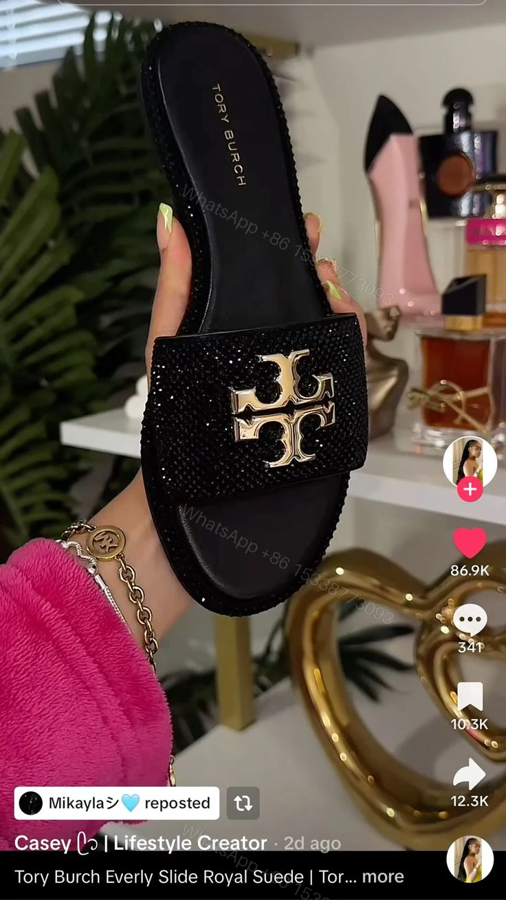 View 3 of FIRST COPY Tory Burch Everly Slide Sandals Light Black Gold Crystal