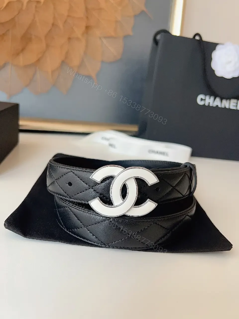 View 9 of Quilted Leather Belt, Double Buckle, Black, Minimal Luxury