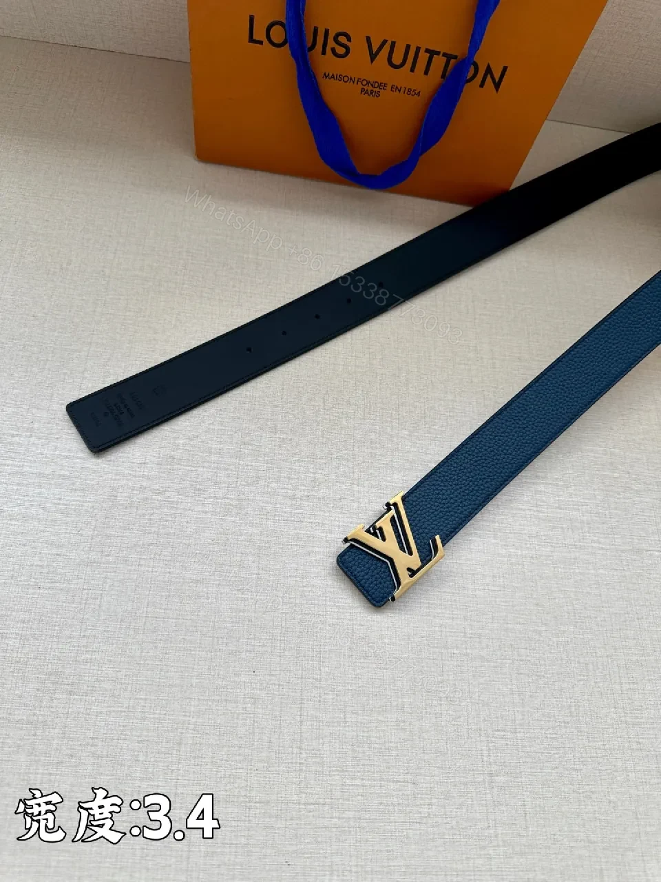 View 2 of Blue Leather Belt with LV Buckle – Modern Luxury Belt