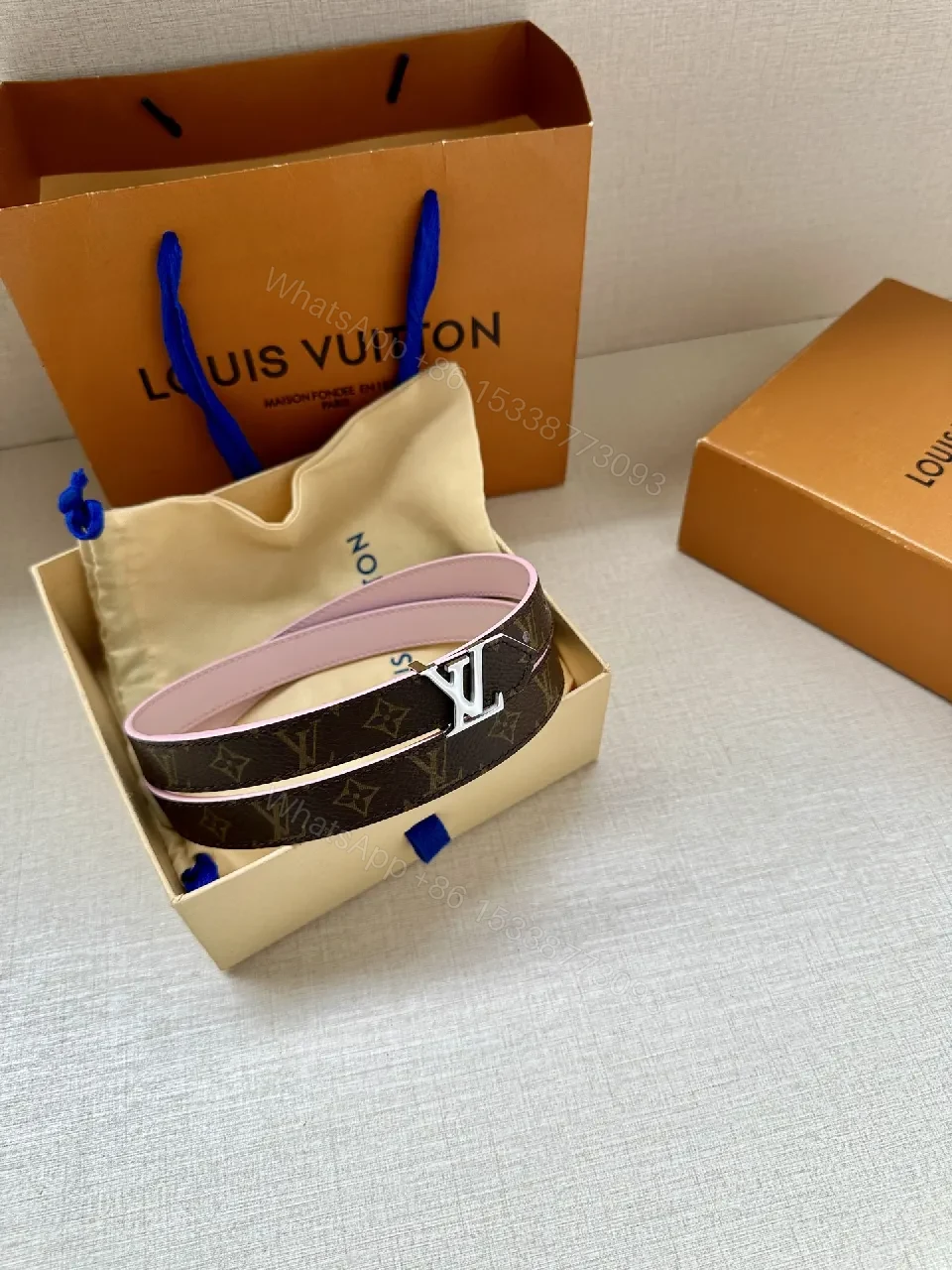 View 3 of Monogram Canvas Belt with Pink Leather Interior – Subtle Luxury