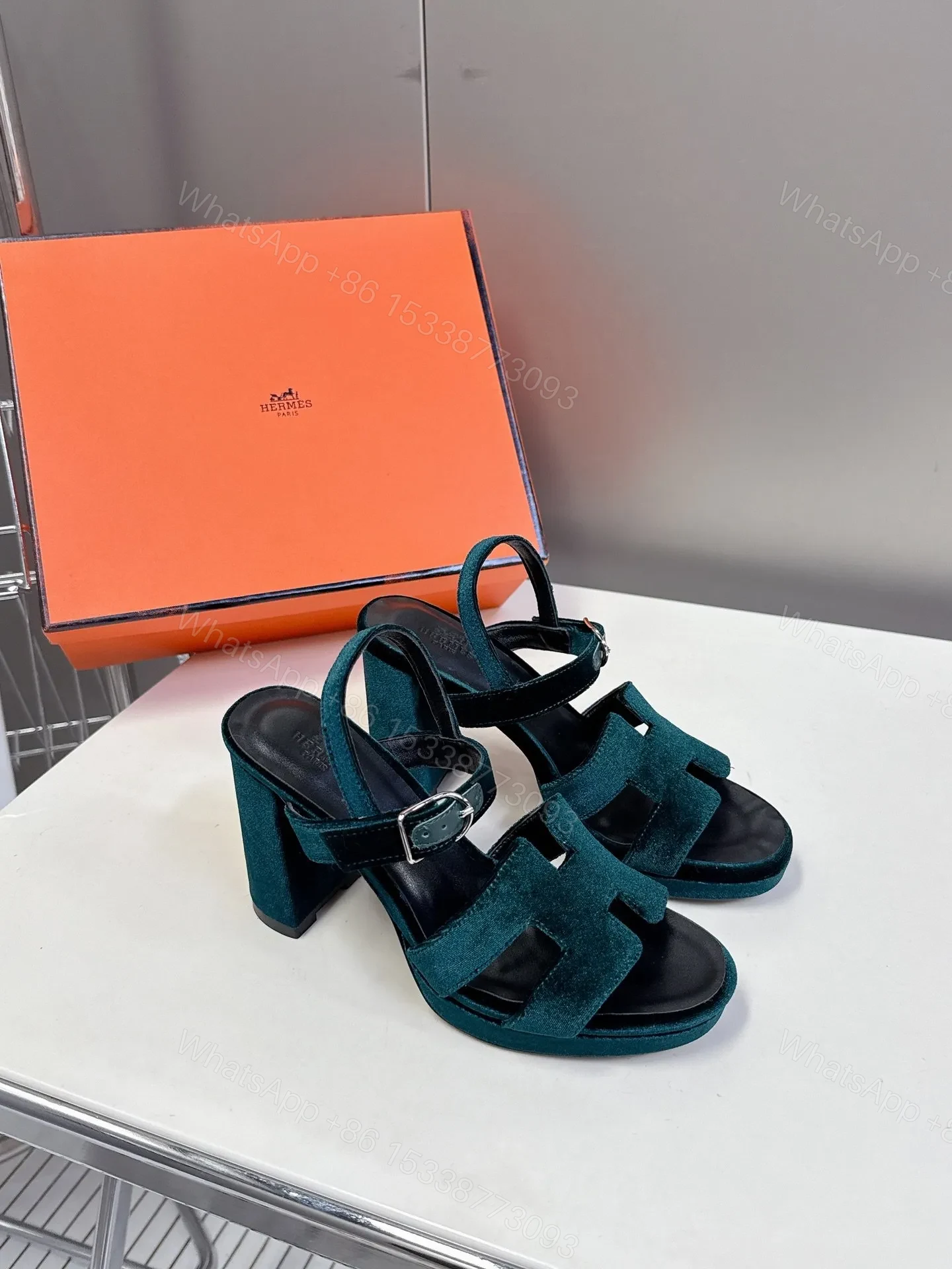 View 3 of Hermes Women Dark Green Suede Sandals