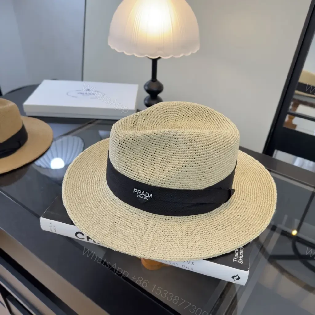 View 3 of Natural Beige Straw Panama Hat with Black Prada Band