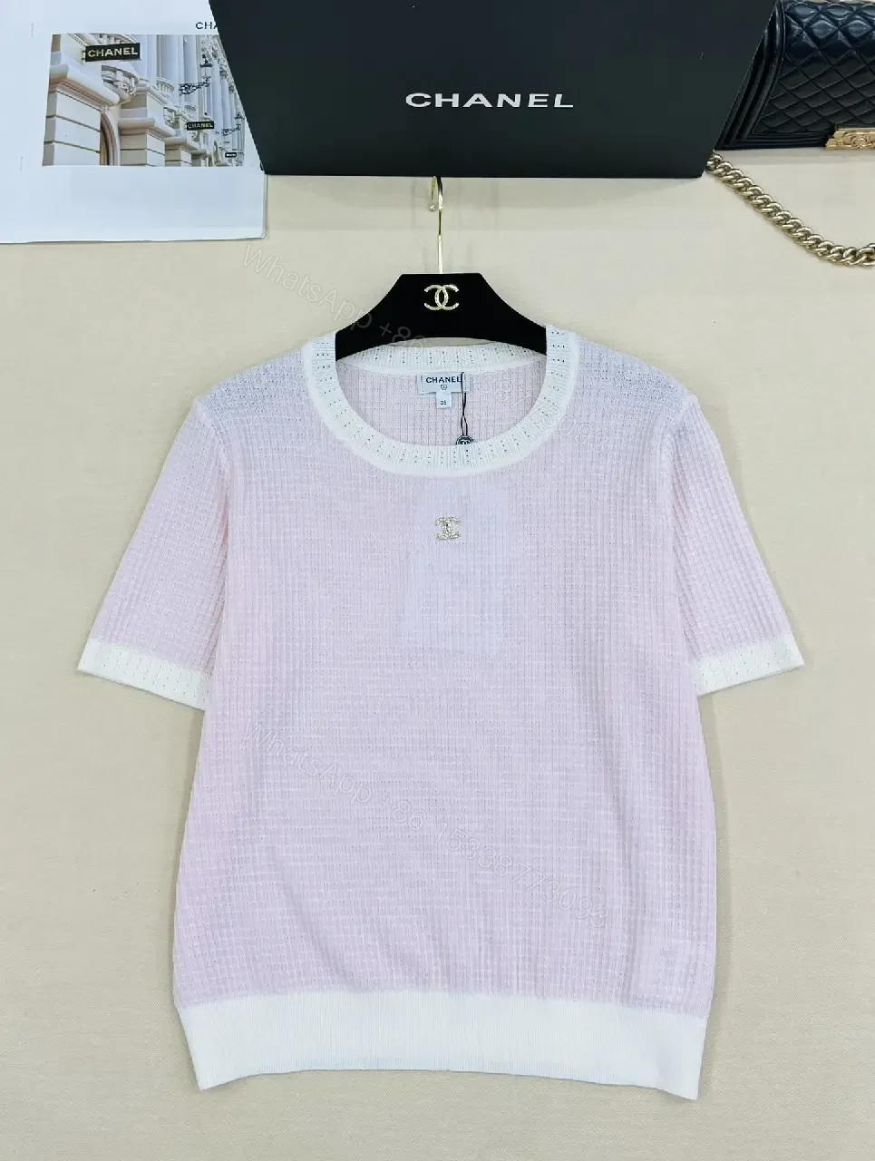 View 3 of Textured Knit Top: Powder Blue/Blush Pink, Chic, Lightweight Knitwear