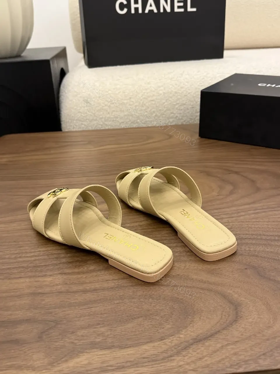 View 2 of Beige Leather Slide Sandals with Chanel Logo, Flat Heel