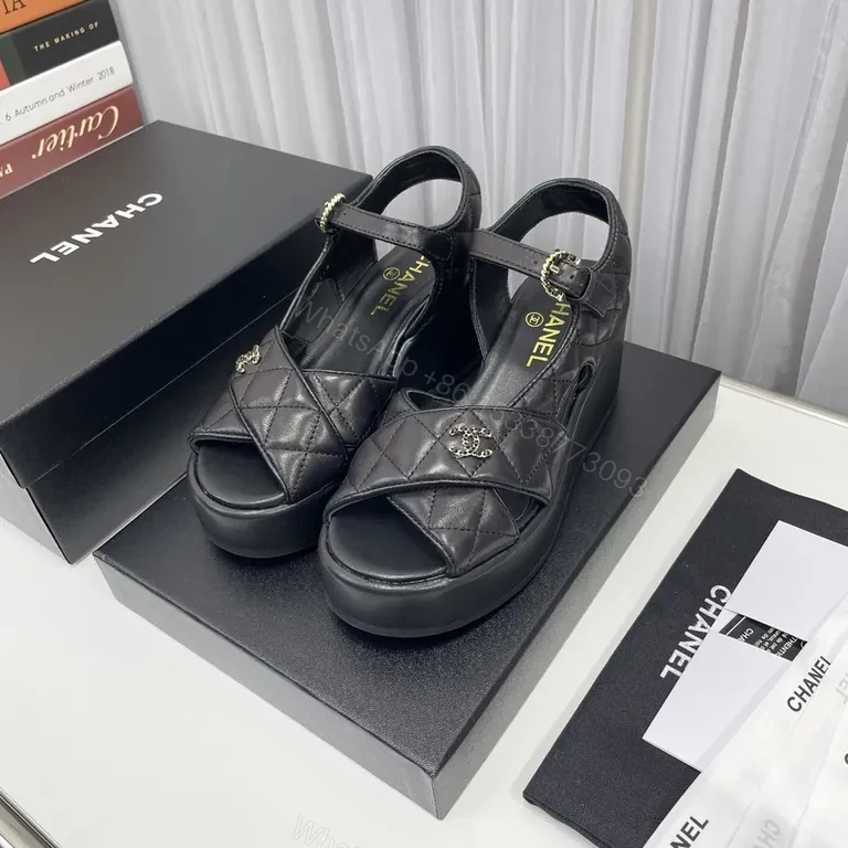 Chanel-Inspired Quilted Platform Sandals – Black, Gold Hardware — view 1