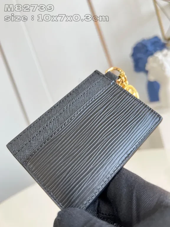 View 4 of Compact Black Textured Wallet with LV-Style Logo Details