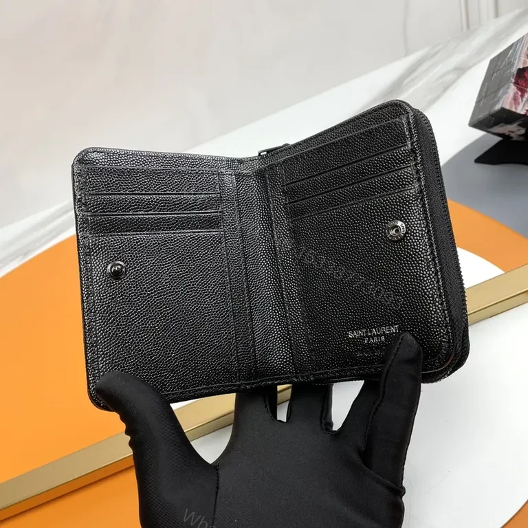 View 7 of Compact Luxe Wallet â€” Chevron Texture with YSL Hardware (Black)
