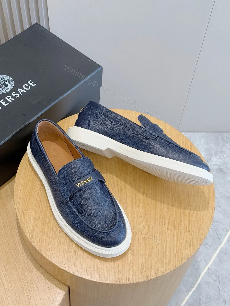 View 5 of Navy Leather Slip-On Loafers with Gold Branding
