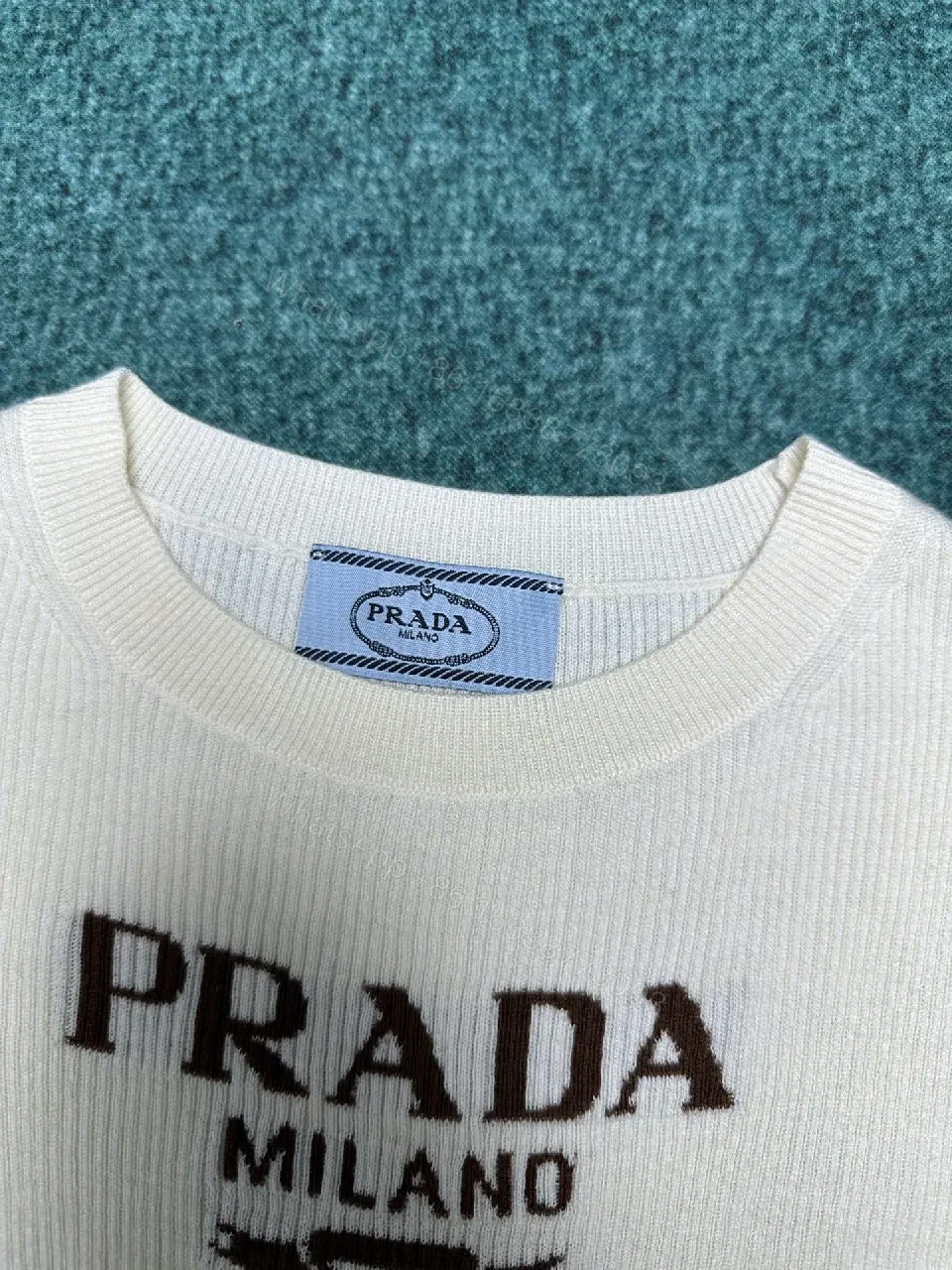 View 7 of Ivory Knit Crewneck Sweater, Subtle Logo, Premium Texture