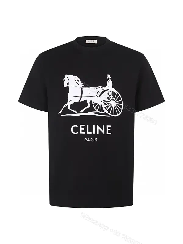 Black Cotton Tee Crew Neck with White Horse Carriage Print CELINE PARIS T-shirt — view 1