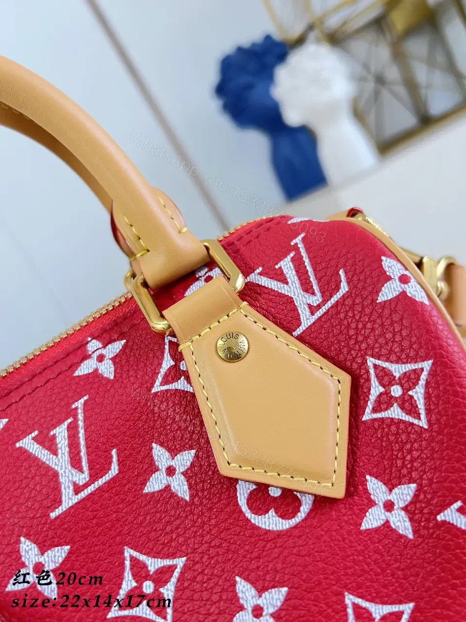 View 7 of Red & Beige LV Monogram Top-Handle Bag with Gold Hardware