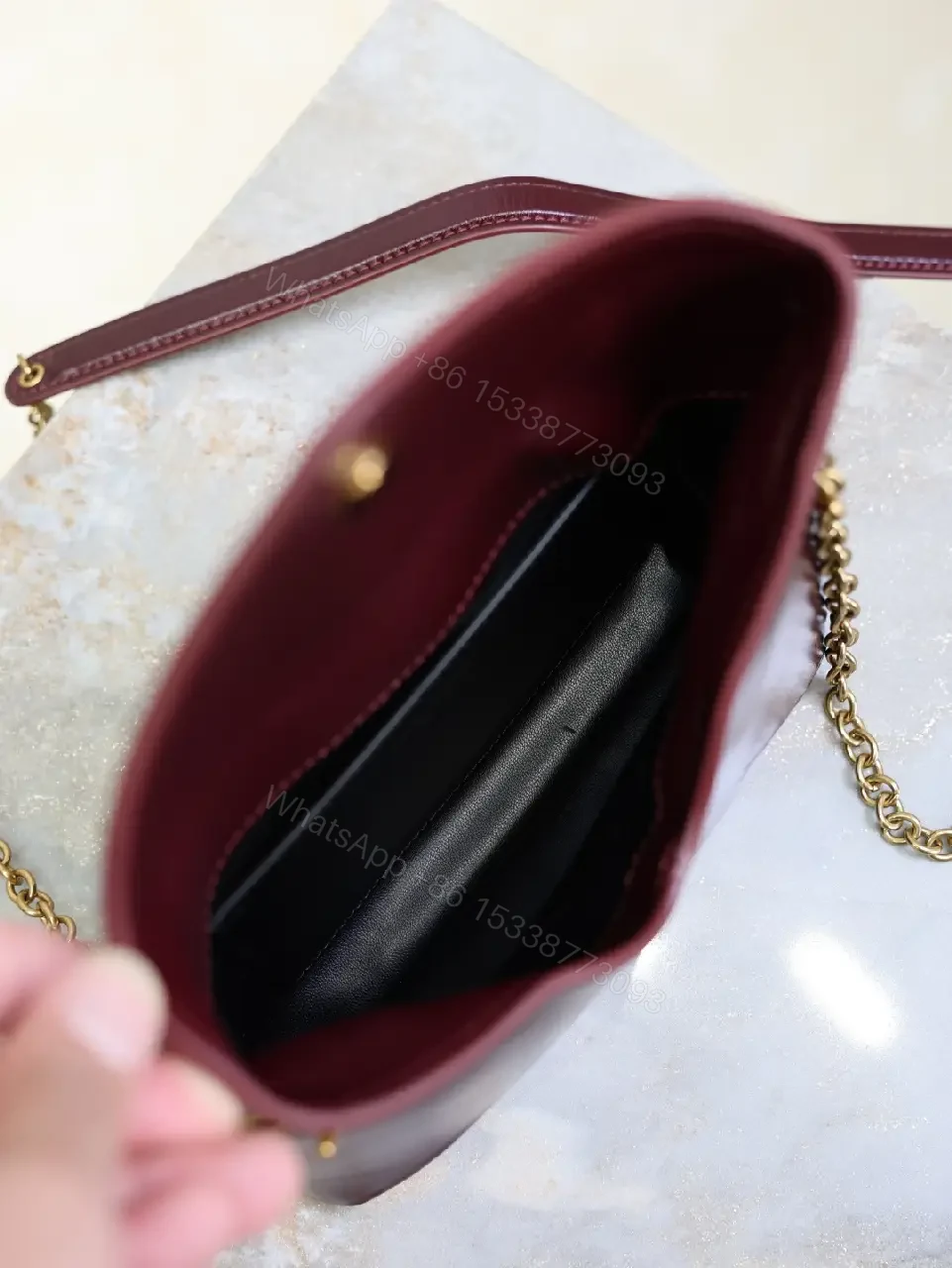 View 10 of Burgundy Leather Crossbody, Satin-Gloss, Gold Hardware, Chic Couture