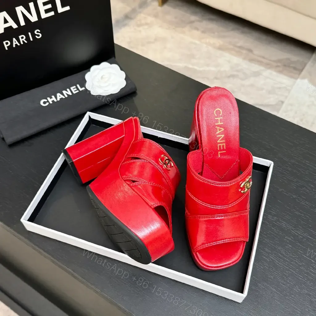 View 7 of Bold Red Patent Platform Mules with Luxe Logo Hardware
