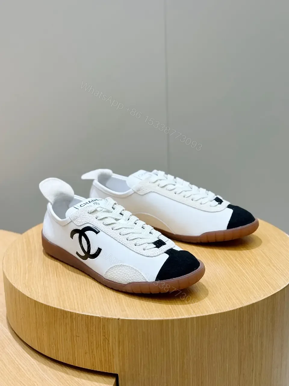 View 7 of White Leather Sneaker Black Toe Classic Chanel Logo Shoes