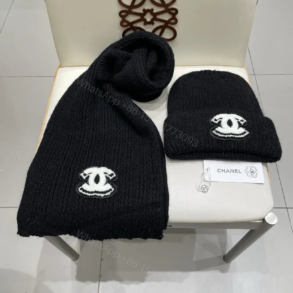 View 6 of Luxe Black Knit Set: Beanie & Scarf with Emblem